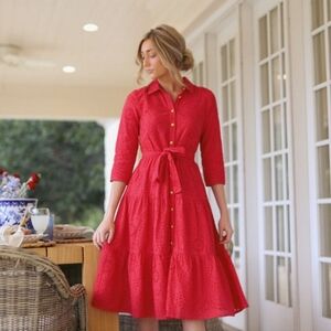 Women's Midi Fit & Flare Red Eyelet Dress